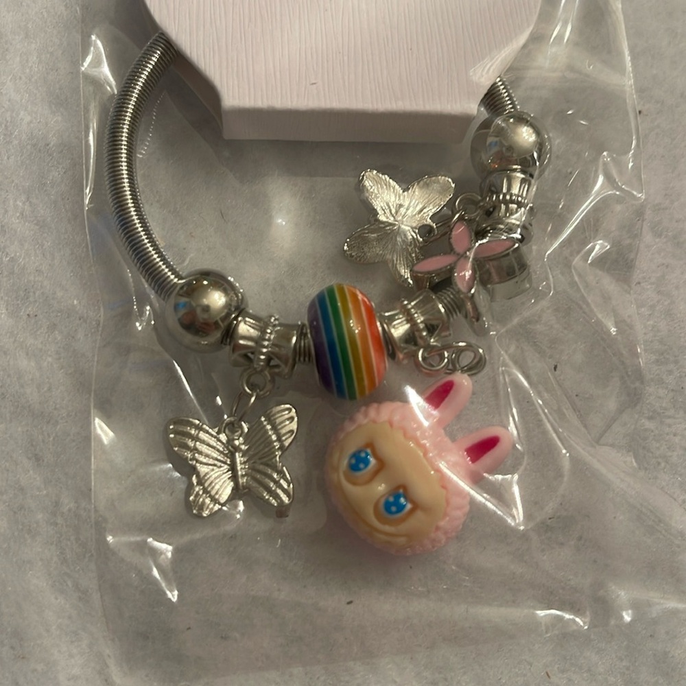 Silver Labubu Monster cartoon Charm Bracelet with Pink and Rainbow Accents nwt